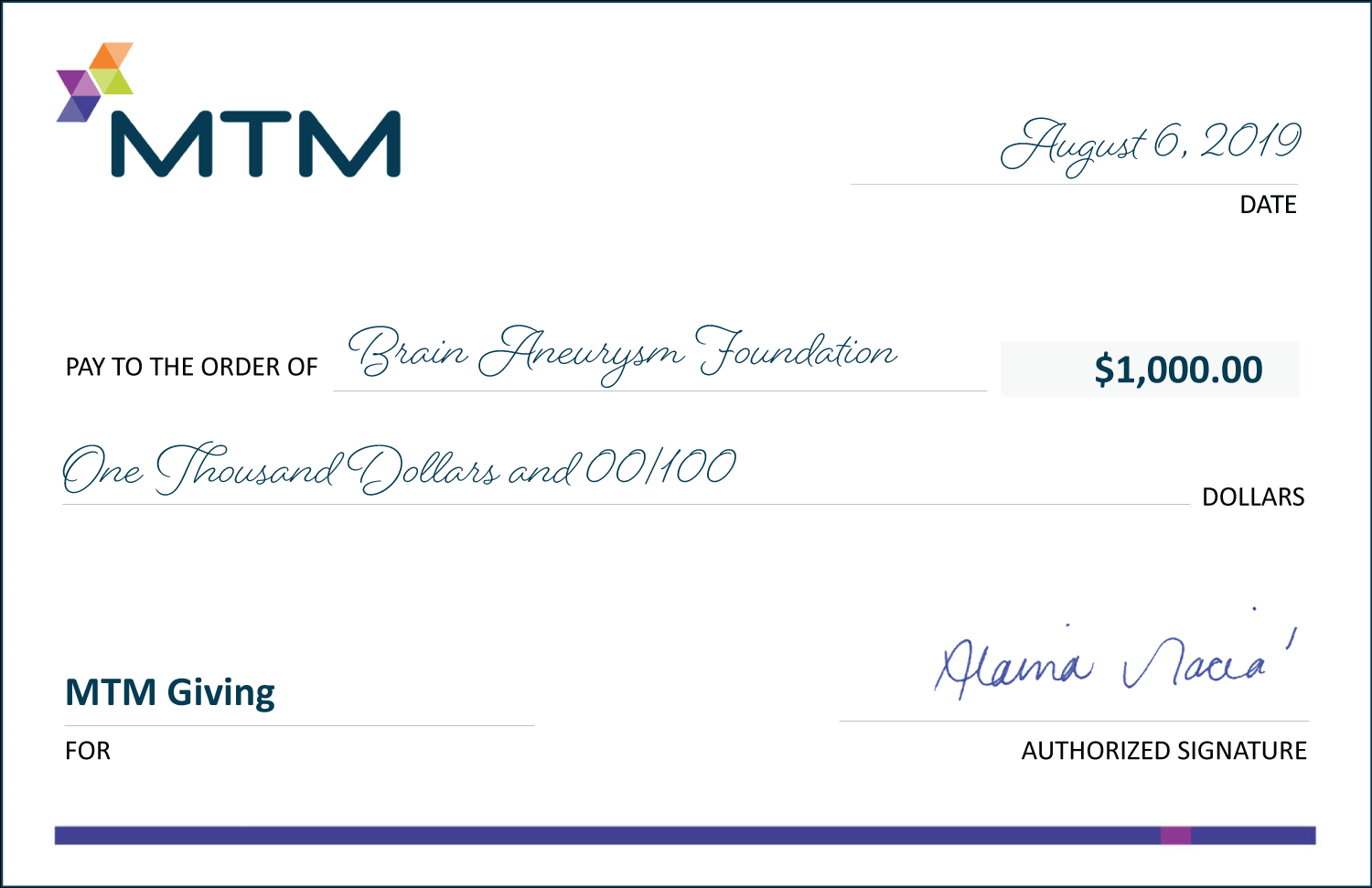 Electronic check to the Brain Aneursym Foundation
