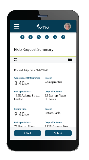 Request a ride mobile screen