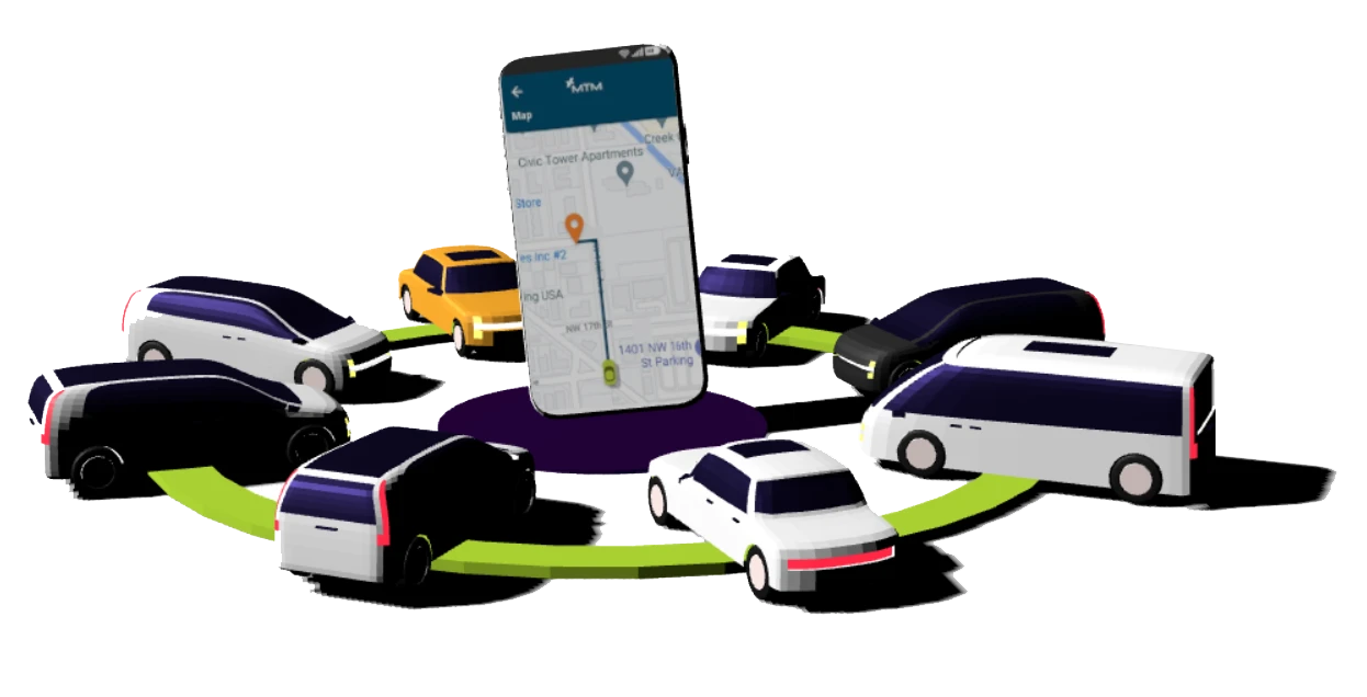 Cars rotating around a cell phone showing the MTM Link app