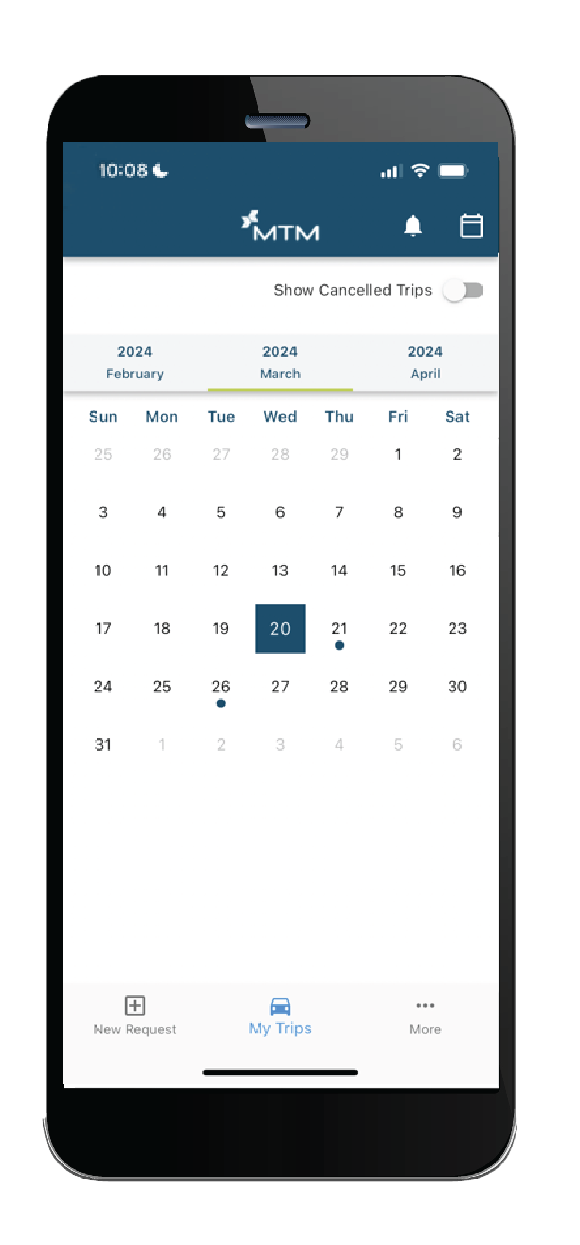 Calendar month mobile screen