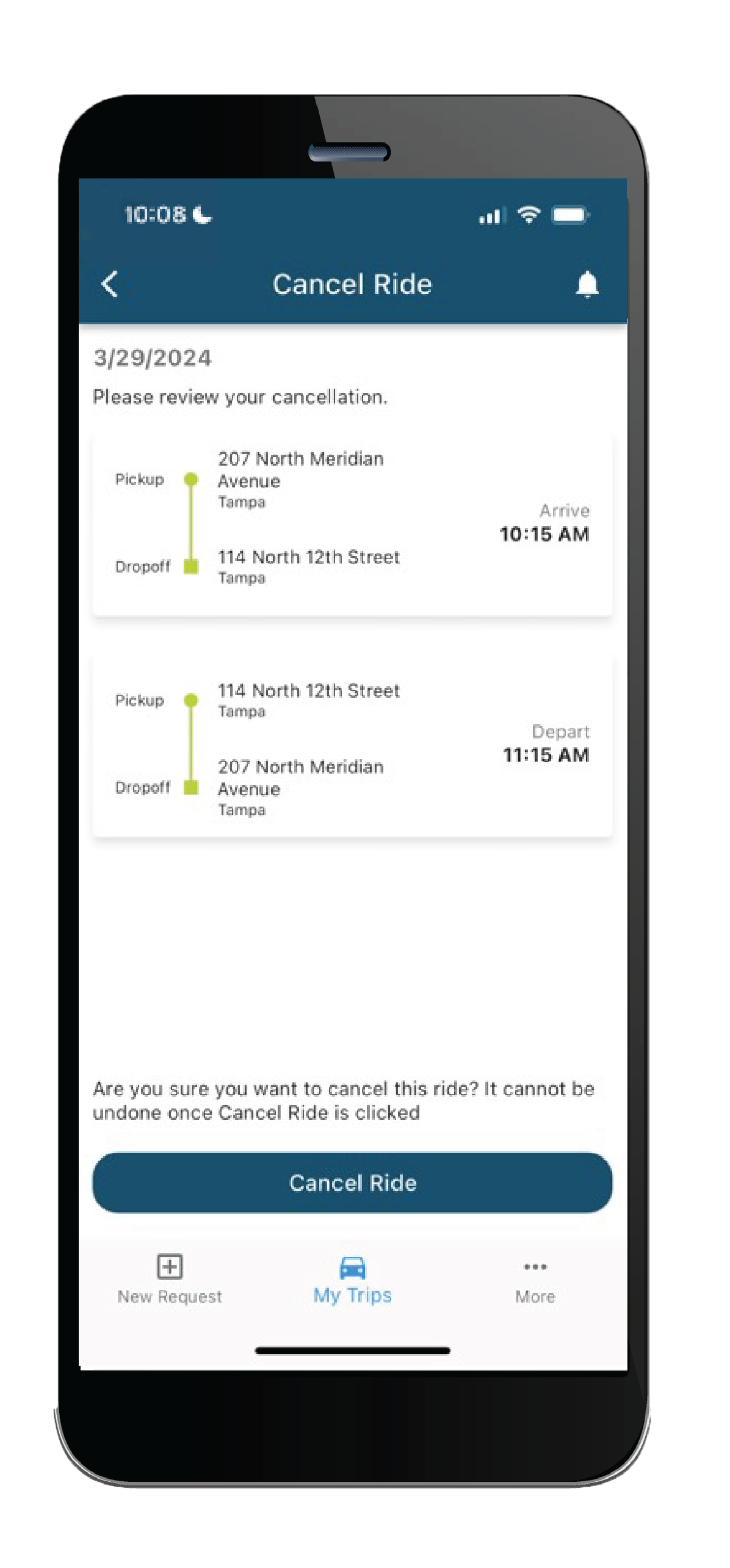 Ride cancellation mobile screen
