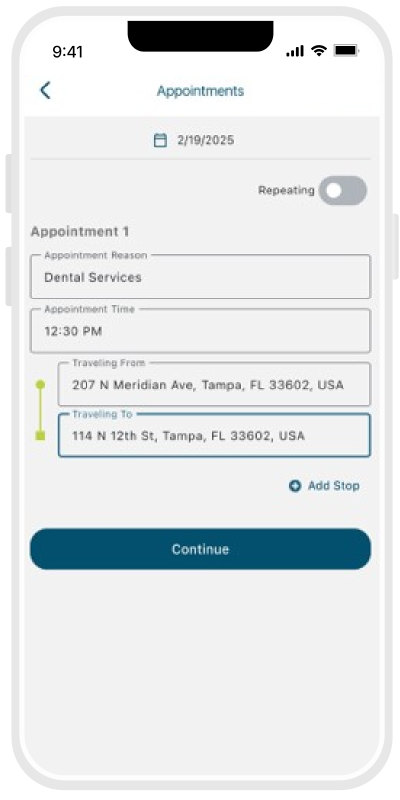 Request a ride phone screen
